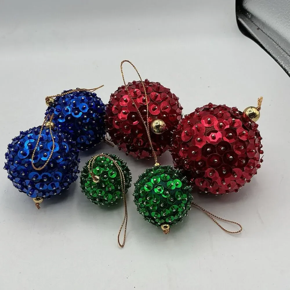 Lot of 6 Sequined Christmas Ball Ornaments Red Blue Green Holiday Decor